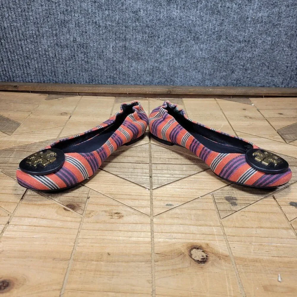Tory Burch Reva‎ Bauer 5.5M Ballet Flats Slip On Shoes Red Multi Stripe Canvas